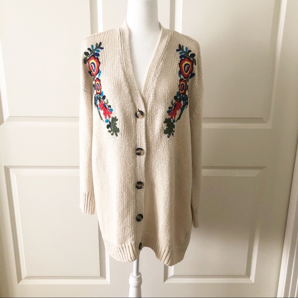 Zara Cream Cardigan with Colorful Embroidery